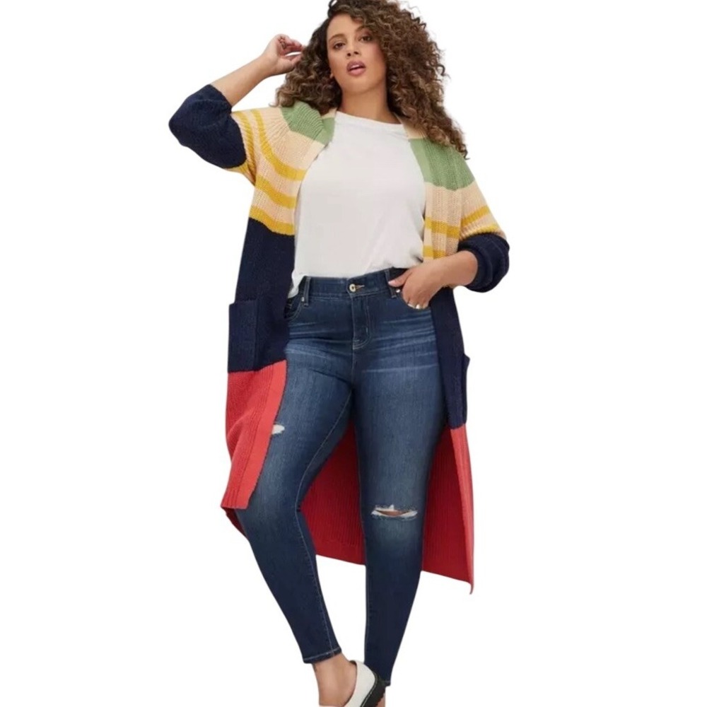 Torrid Sweater Knit Long Duster‎ Cardigan 2X Mix Yarn Color Block Open Front